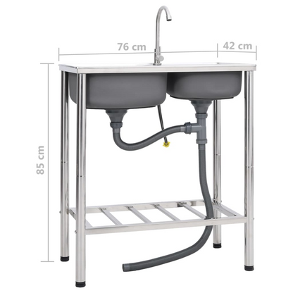 vidaXL Camping Sink Double Basins with Tap Stainless Steel