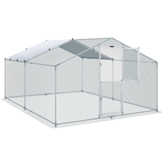 VEVOR Metal Chicken Coop, 13.1 x 9.8 x 6.6 ft Large Chicken Run, Peaked Roof Outdoor Walk-in Poultry Pen Cage for Farm or Backyard, with Water-proof Cover and Protection Mesh, for Hen, Duck, Rabbit