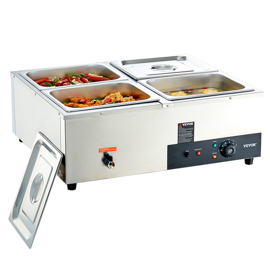 VEVOR 4-Pan Commercial Food Warmer, 4 x 12QT Electric Steam Table, 1200W Professional Countertop Stainless Steel Buffet Bain Marie with 86-185°F Temp Control for Catering and Restaurants, Silver