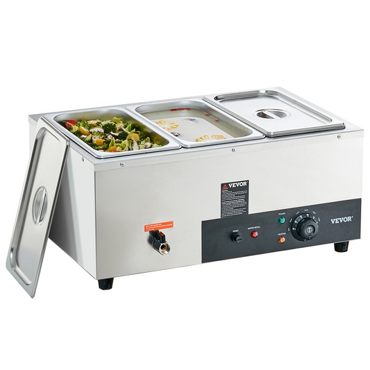 VEVOR 3-Pan Commercial Food Warmer, 3 x 8QT Electric Steam Table, 1500W Professional Countertop Stainless Steel Buffet Bain Marie with 86-185°F Temp Control for Catering and Restaurants, Silver