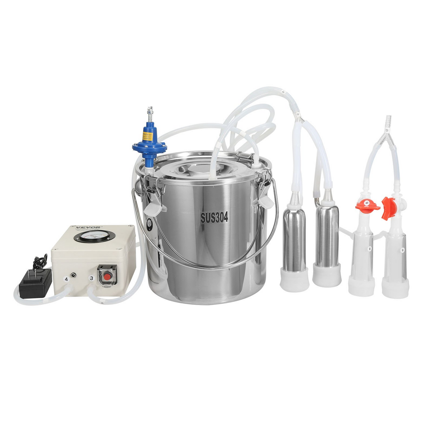 VEVOR Goat Milking Machine, 12 L 304 Stainless Steel Bucket, Electric Automatic Pulsation Vacuum Milker, Portable Milker with Food-grade Silicone Cups and Tubes, Adjustable Suction for Cows and Sheep