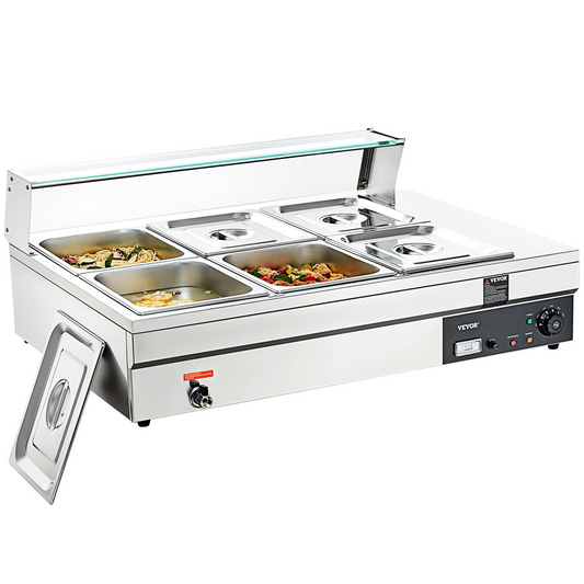 VEVOR 6-Pan Commercial Food Warmer, 6 x 12QT Electric Steam Table with Tempered Glass Cover, 1500W Countertop Stainless Steel Buffet Bain Marie 86-185°F Temp Control for Catering, Restaurants, Silver
