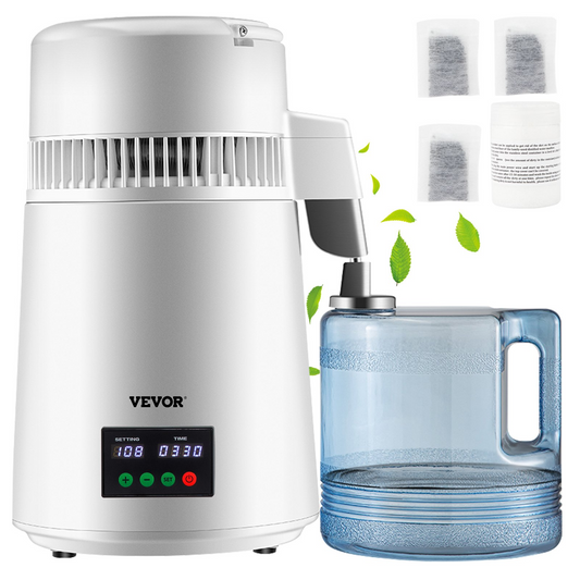 VEVOR 1.1Gal Water Distiller, 0.3Gal/H, 750W Distilled Water Maker Machine 0-99H Timing Set Temp Display, 304 Stainless Steel Countertop Distiller Plastic Carafe Cleaning Powder 3 Carbon Packs, White