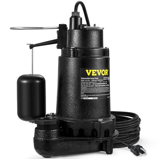 VEVOR 1HP Sewage Pump, 5600 GPH Cast Iron Submersible Sump Pump with Automatic Snap-action Float Switch, Heavy-Duty Submersible Sewage, Effluent Pump for Septic Tank, Basement, Flooding Area