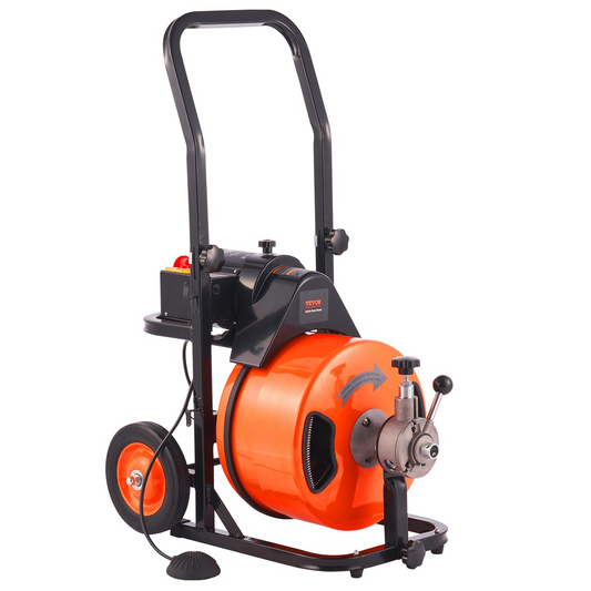 VEVOR Drain Cleaning Machine 50 FT x 1/2 Inch, Sewer Snake Machine Auto Feed, Drain Auger Cleaner with 4 Cutter & Air-Activated Foot Switch for 1" to 4" Pipes