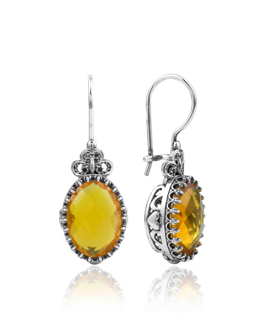 Filigree Art Citrine Gemstone Heart Detailed Women Silver Oval Drop Earrings