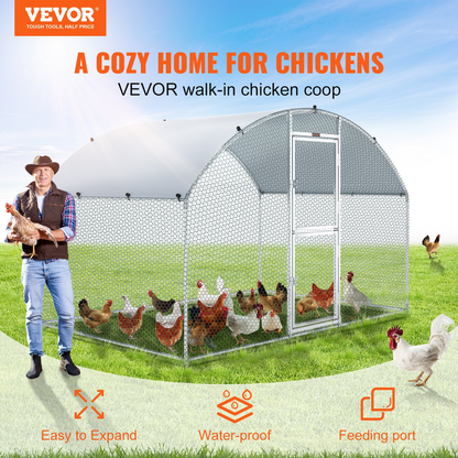 VEVOR Large Metal Chicken Coop with Run, Walkin Chicken Coop for Yard with Waterproof Cover, 6.6 x 9.8 x 6.6 ft, Dome Roof Large Poultry Cage for Hen House, Duck Coop and Rabbit Run, Silver