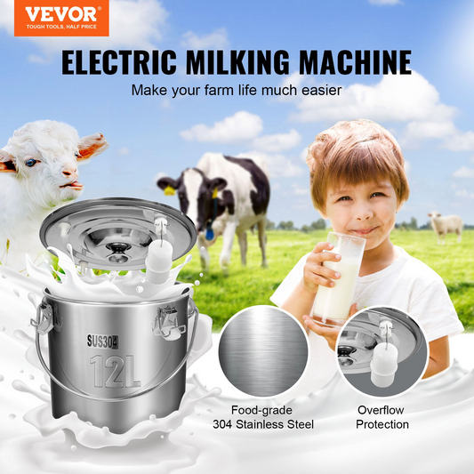 VEVOR Goat Milking Machine, 12 L 304 Stainless Steel Bucket, Electric Automatic Pulsation Vacuum Milker, Portable Milker with Food-grade Silicone Cups and Tubes, Adjustable Suction for Cows and Sheep