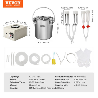 VEVOR Goat Milking Machine, 12 L 304 Stainless Steel Bucket, Electric Automatic Pulsation Vacuum Milker, Portable Milker with Food-grade Silicone Cups and Tubes, Adjustable Suction for Cows and Sheep