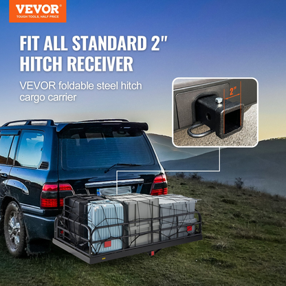 VEVOR 60 x 24 x 14 in Hitch Cargo Carrier, 400lbs Capacity Folding Trailer Hitch Mount Cargo Basket, Steel Luggage Carrier Rack Fits 2" Hitch Receiver for SUV Truck Pickup with Stabilizer