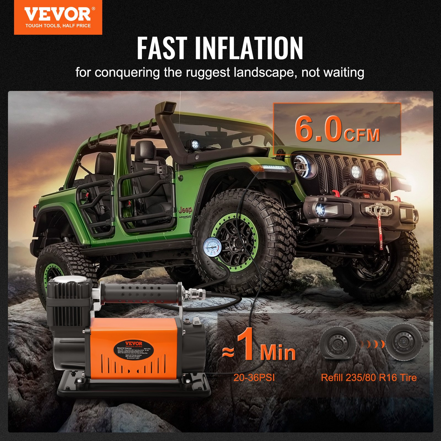 VEVOR 6CFM Tire Inflator with Pressure Gauge, 12V Heavy Duty Air Compressor 150PSI Portable Tire Inflator for Car, SUV, RV, Truck (up to 35 Inch Tires)