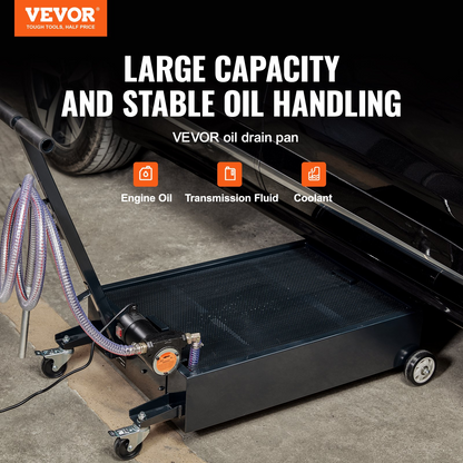 VEVOR Low Profile Oil Drain Pan, 15 Gallon Oil Drain Pan with Pump, Oil Change Pan with 180W Electric Pump, 8.2ft Hose & Folding Handle, Rolling Oil Drain Cart for Trucks, Buses, RVs