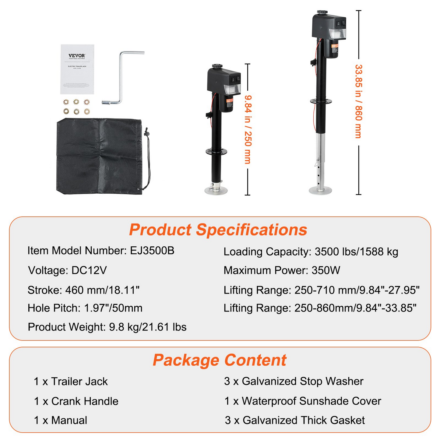 VEVOR Electric Trailer Jack, Power Tongue Jack Weight Capacity 3500 lbs, 9.84"-33.85" Electric Tongue Jack with Waterproof Cover for Lifting RV Trailer, Horse Trailer, Utility Trailer, Yacht Trailer