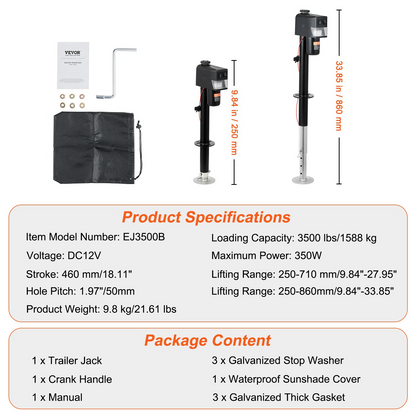 VEVOR Electric Trailer Jack, Power Tongue Jack Weight Capacity 3500 lbs, 9.84"-33.85" Electric Tongue Jack with Waterproof Cover for Lifting RV Trailer, Horse Trailer, Utility Trailer, Yacht Trailer