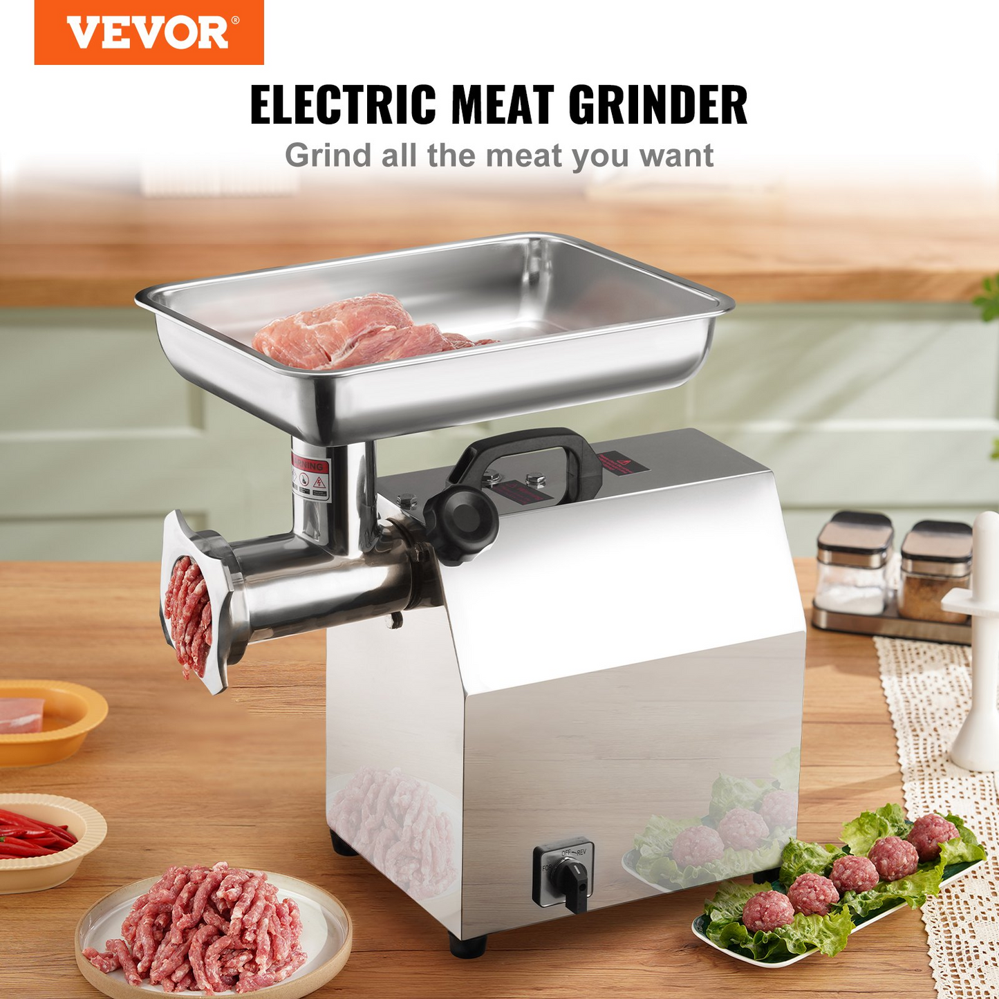 VEVOR Electric Meat Grinder, 794 Lb/H Capacity, 1100W (4600W MAX) Industrial Meat Mincer with 2 Blade, 3 Grinding Plates, Sausage Tubes 304 Stainless Steel Commercial Meat Grinder, ETL Listed