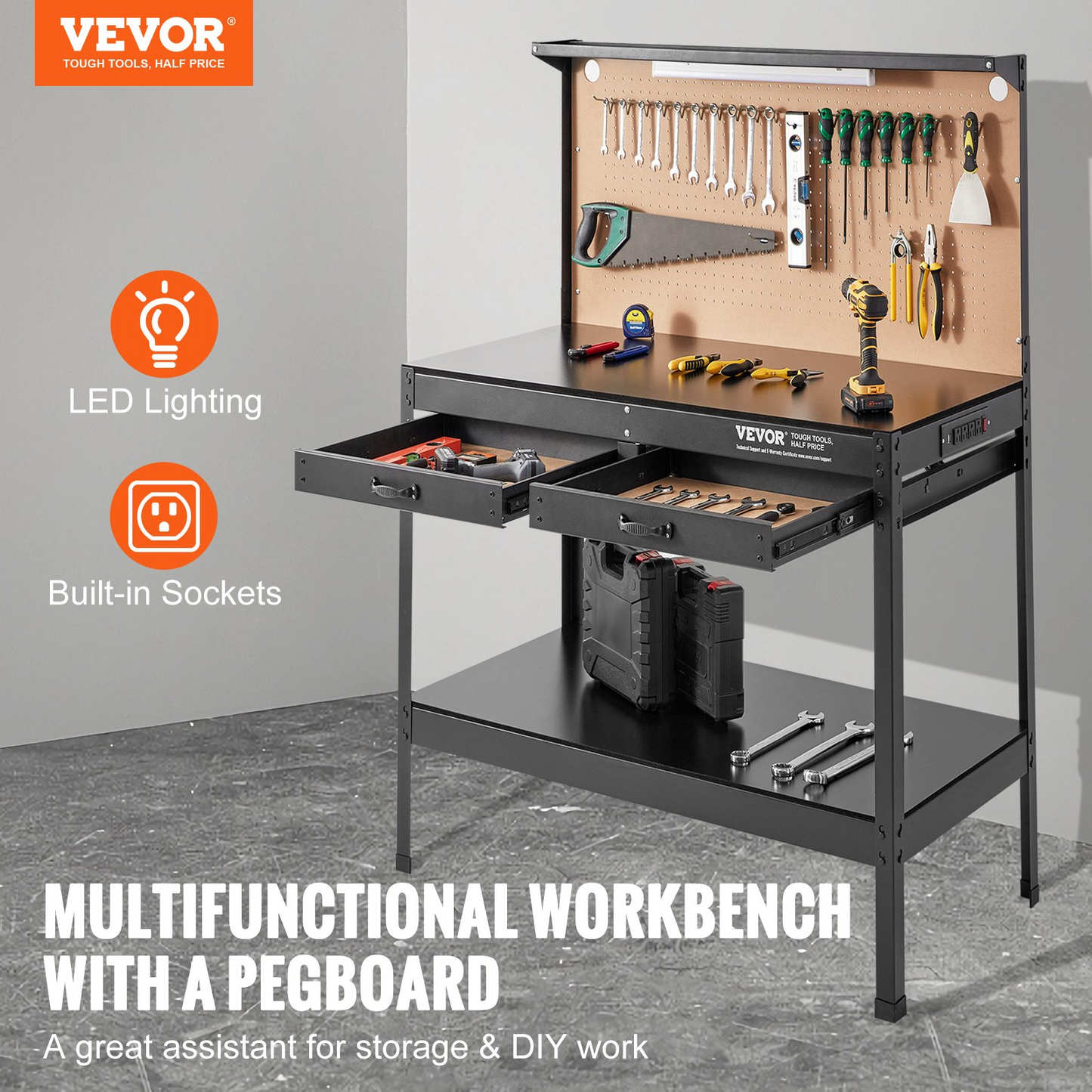 VEVOR Workbench A3 Steel Work Bench For Garage max. 1500W Heavy Duty Workbench 220lbs Weight Capacity 0.47" Bench top Thickness Hardwood Workbench 1.5m Cable 4xAC outlets 2xUSB ports 30xHooks