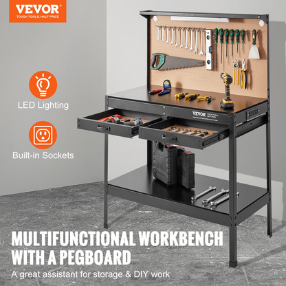 VEVOR Workbench A3 Steel Work Bench For Garage max. 1500W Heavy Duty Workbench 220lbs Weight Capacity 0.47" Bench top Thickness Hardwood Workbench 1.5m Cable 4xAC outlets 2xUSB ports 30xHooks