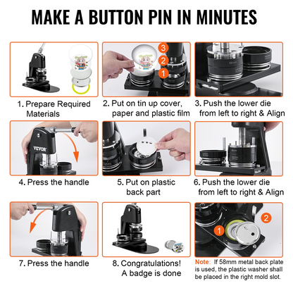 VEVOR Button Maker Machine Badge Pin Machine 1.25"+2.25" 500Free Parts Press Kit