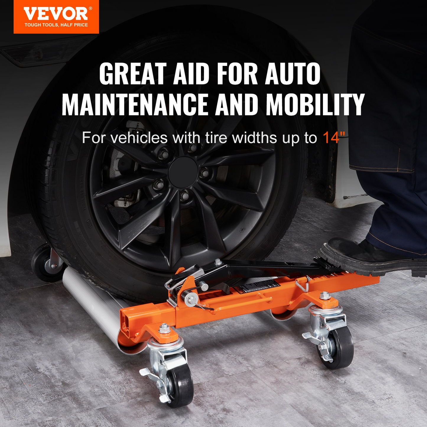 VEVOR Wheel Dolly, 1500 LBS Car Wheel Dolly Jack, Mechanic Lift with Ratcheting Foot Pedal, Vehicle Positioning Hydraulic Tire Jack, Ratchet Type Tire Skates, for Vehicle Car Auto Repair Moving
