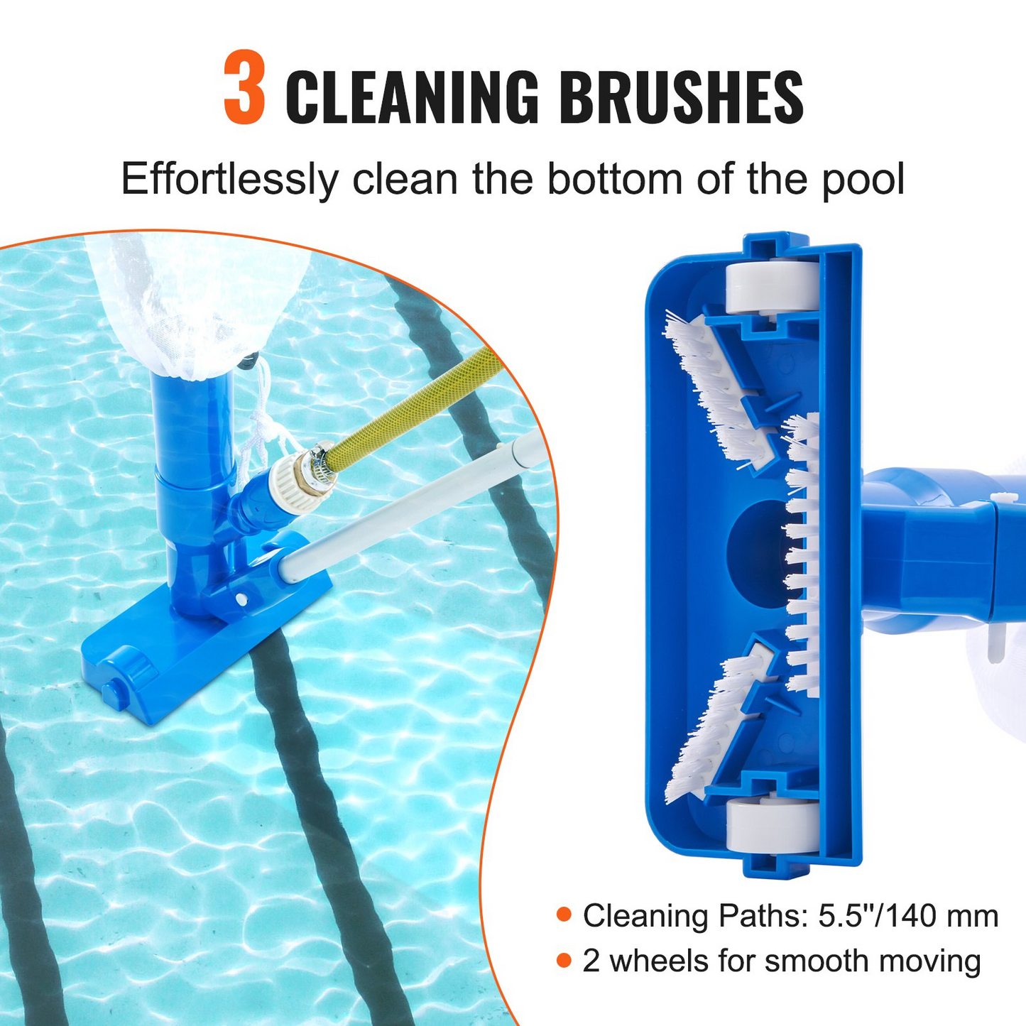 VEVOR Portable Pool Vacuum, Handheld Pool Vacuum Cleaner with 3 Scrub Brushes & 56" 6 Sections Pole, Swimming Pool Jet Cleaner for Above Ground Pool, Inflatable Pool, Spas, Ponds & Fountains