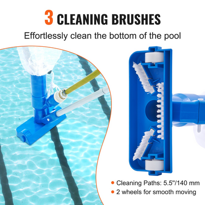 VEVOR Portable Pool Vacuum, Handheld Pool Vacuum Cleaner with 3 Scrub Brushes & 56" 6 Sections Pole, Swimming Pool Jet Cleaner for Above Ground Pool, Inflatable Pool, Spas, Ponds & Fountains
