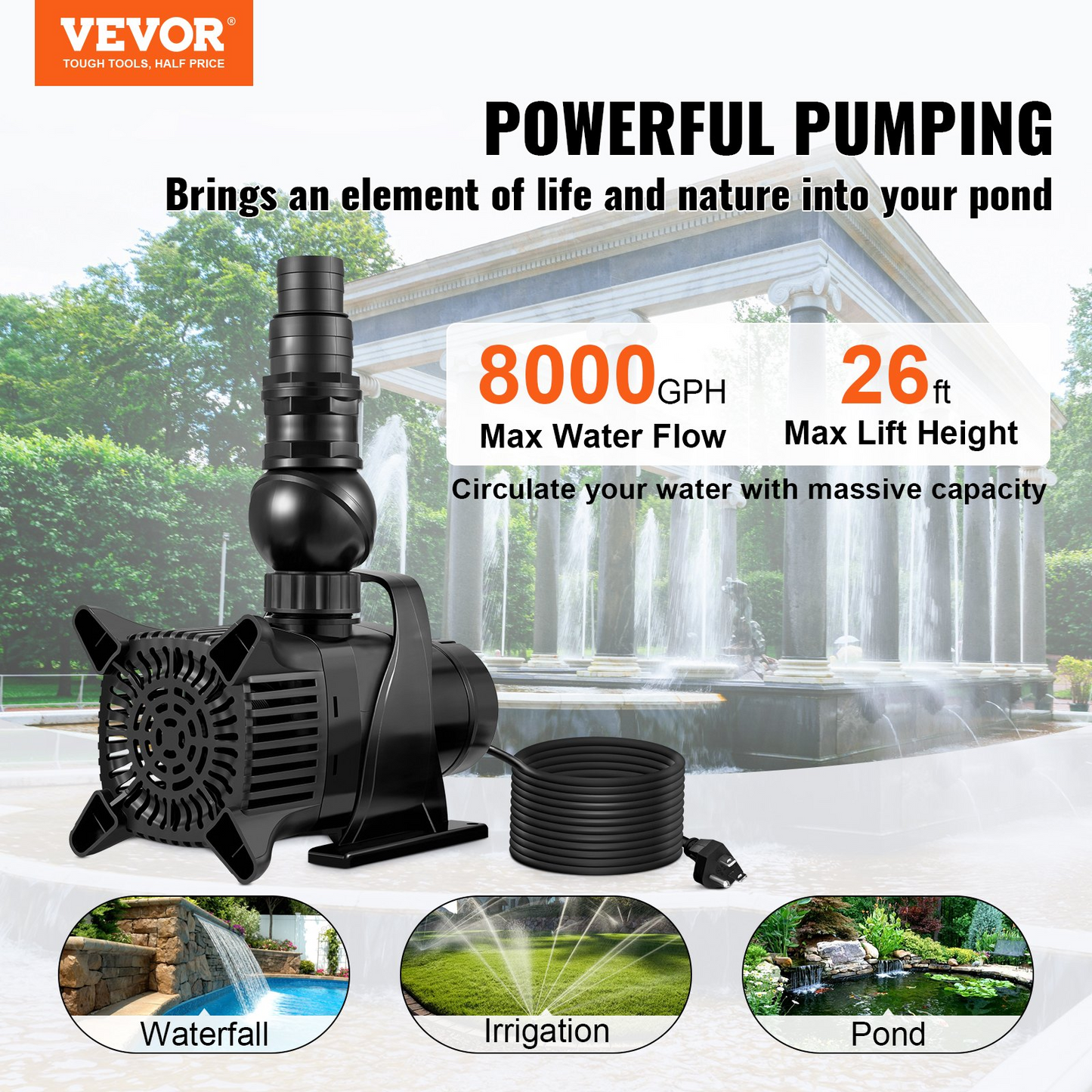 VEVOR Submersible Water Pump 8000GPH Pond Pump 26FT 530W for Waterfall Fountain