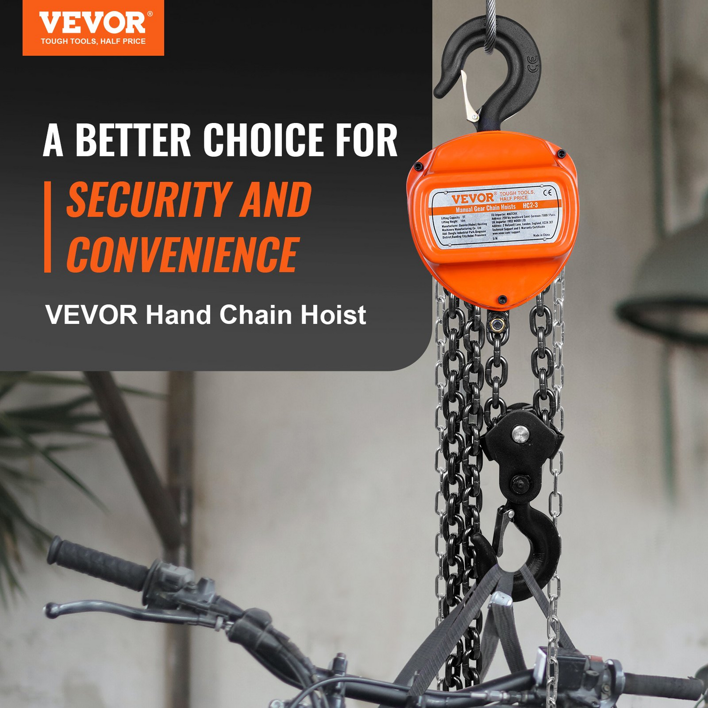 VEVOR Manual Chain Hoist, 2 Ton 4400 lbs Capacity 10 FT Come Along, G80 Galvanized Carbon Steel with Double-Pawl Brake, Auto Chain Leading & 360° Rotation Hook, for Garage Factory Dock