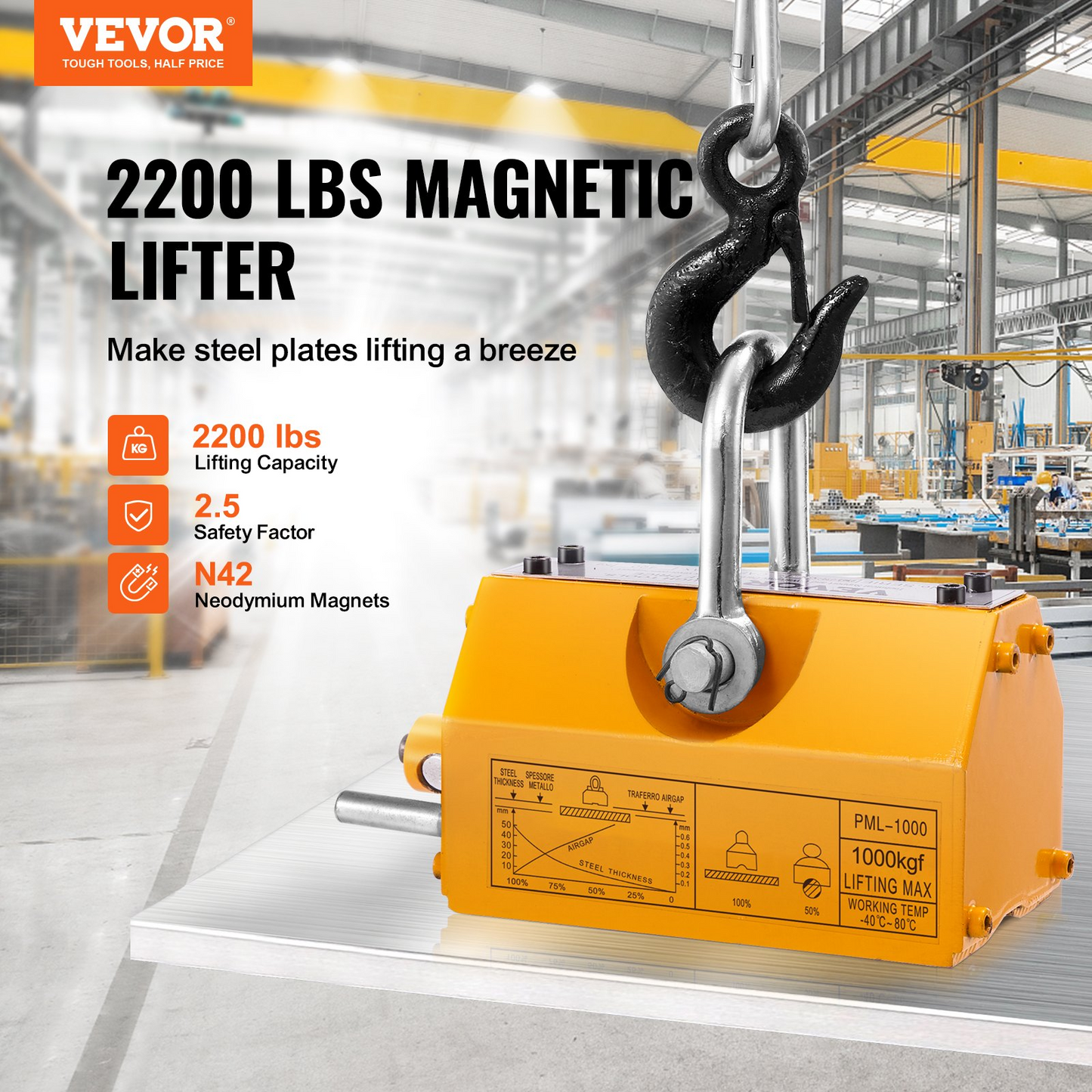 VEVOR Magnetic Lifter, 2200lbs/1000kg Pulling Capacity, 2.5 Safety Factor, Neodymium & Steel, Lifting Magnet with Release, Permanent Lift Magnets, Heavy Duty Magnet for Hoist, Shop Crane, Block, Board