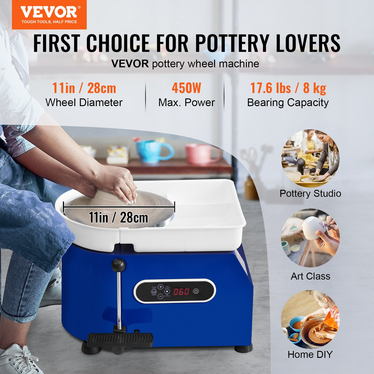 VEVOR Pottery Wheel 11in Ceramic Wheel Foot Pedal Sculpting Tools Apron 450W