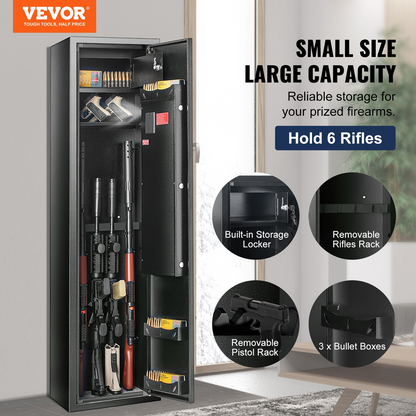 VEVOR 6 Rifles Gun Safe, Rifle Safe with Fingerprint & Digital Keypad Lock, Gun Storage Cabinet with Built-in Storage Locker and Removable Storage Shelf for Pistols & Home Long Gun