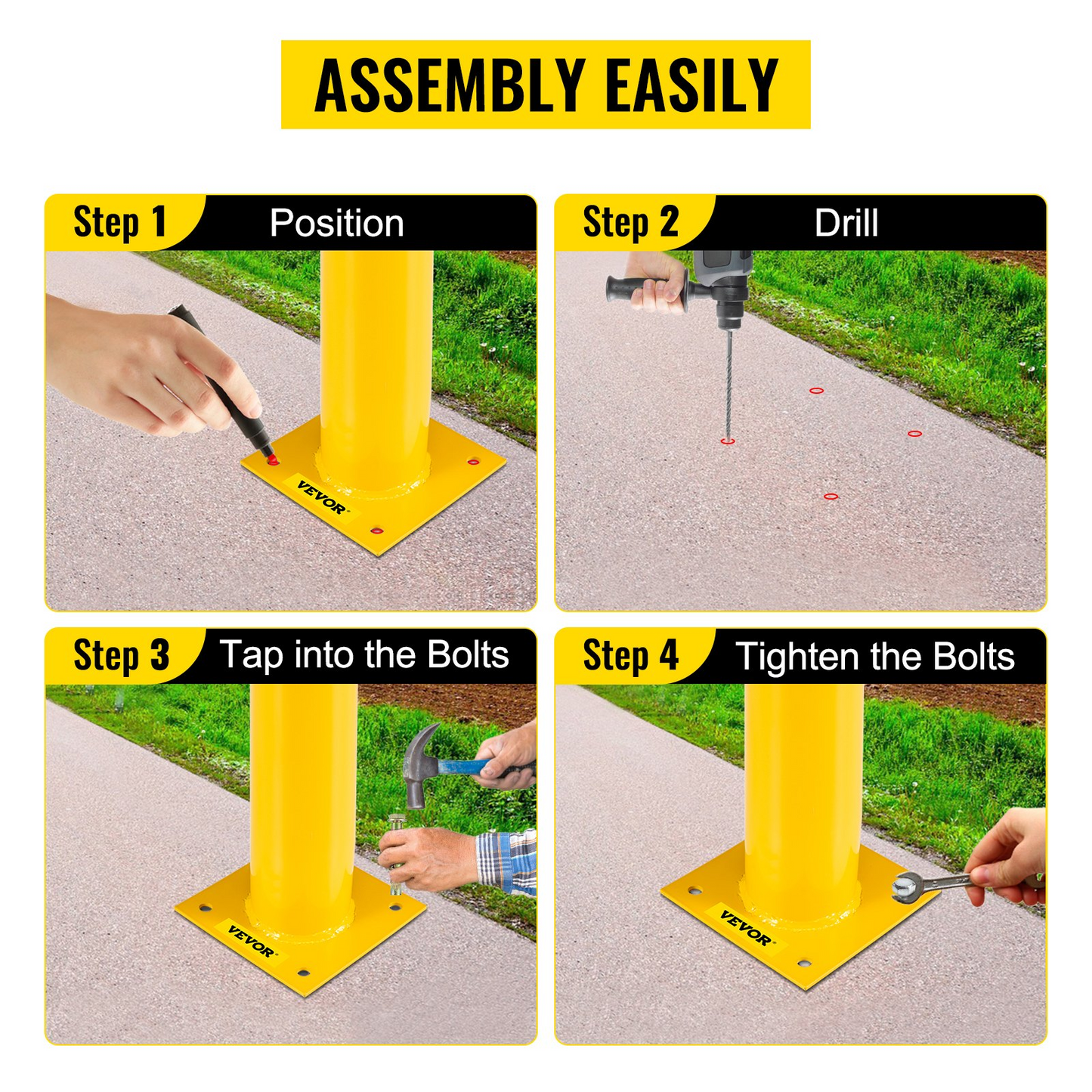 VEVOR Safety Bollard 24-4.5 Safety Barrier Bollard 4-1/2" OD 24" Height Yellow Powder Coat Pipe Steel Safety Barrier with 4 Free Anchor Bolts for Traffic-Sensitive Area