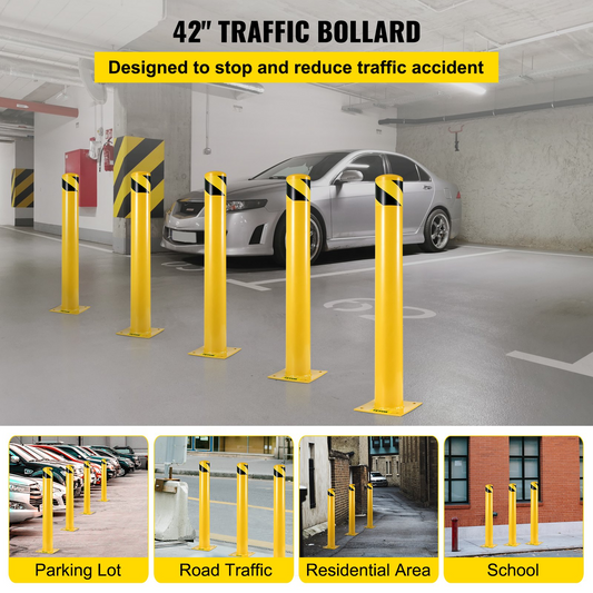 VEVOR 42-5.5 Safety Bollard, 5-1/2" OD Safety Barrier Bollard, 42" Height Yellow Powder Coat Pipe Steel Safety Barrier, with 4 Free Anchor Bolts, for Traffic-Sensitive Area