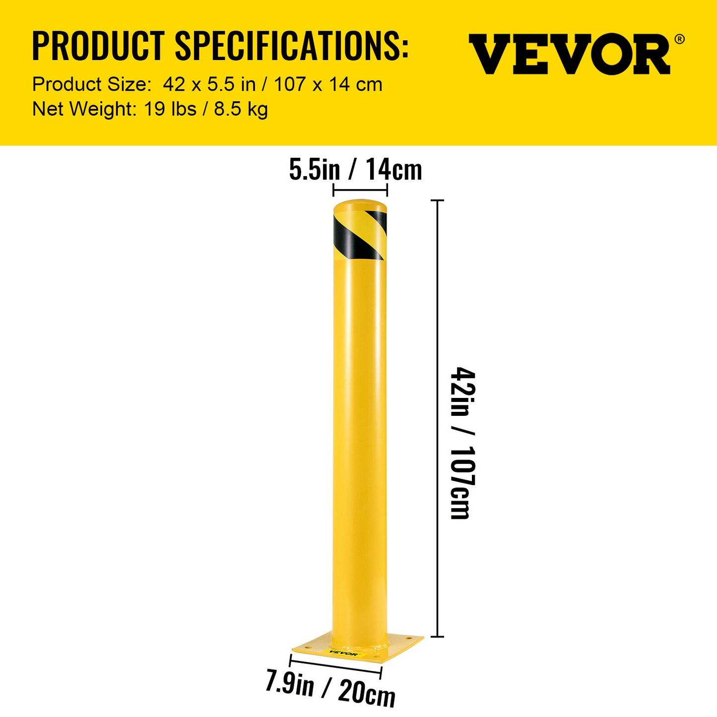 VEVOR 42-5.5 Safety Bollard, 5-1/2" OD Safety Barrier Bollard, 42" Height Yellow Powder Coat Pipe Steel Safety Barrier, with 4 Free Anchor Bolts, for Traffic-Sensitive Area