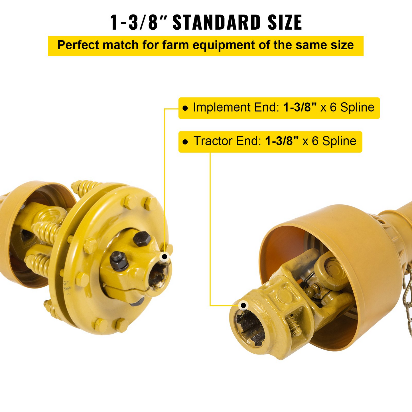 VEVOR PTO Shaft, 1-3/8" PTO Drive Shaft, 6 Spline Both Ends PTO Driveline Shaft, Series 4 Tractor PTO Shaft, 31.5"-41" Brush Hog PTO Shaft, Yellow PTO Shaft w/Slip Clutch for Bush Hog/Finish Mower