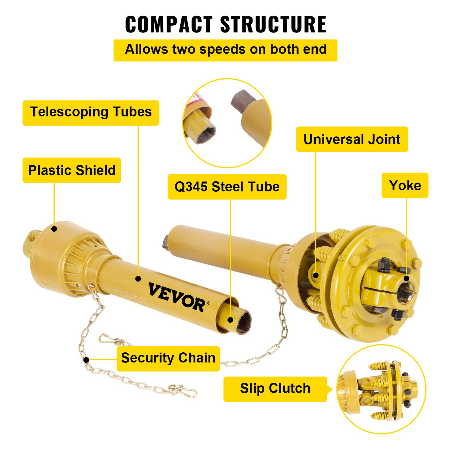 VEVOR PTO Shaft, 1-3/8" PTO Drive Shaft, 6 Spline Both Ends PTO Driveline Shaft, Series 4 Tractor PTO Shaft, 31.5"-41" Brush Hog PTO Shaft, Yellow PTO Shaft w/Slip Clutch for Bush Hog/Finish Mower