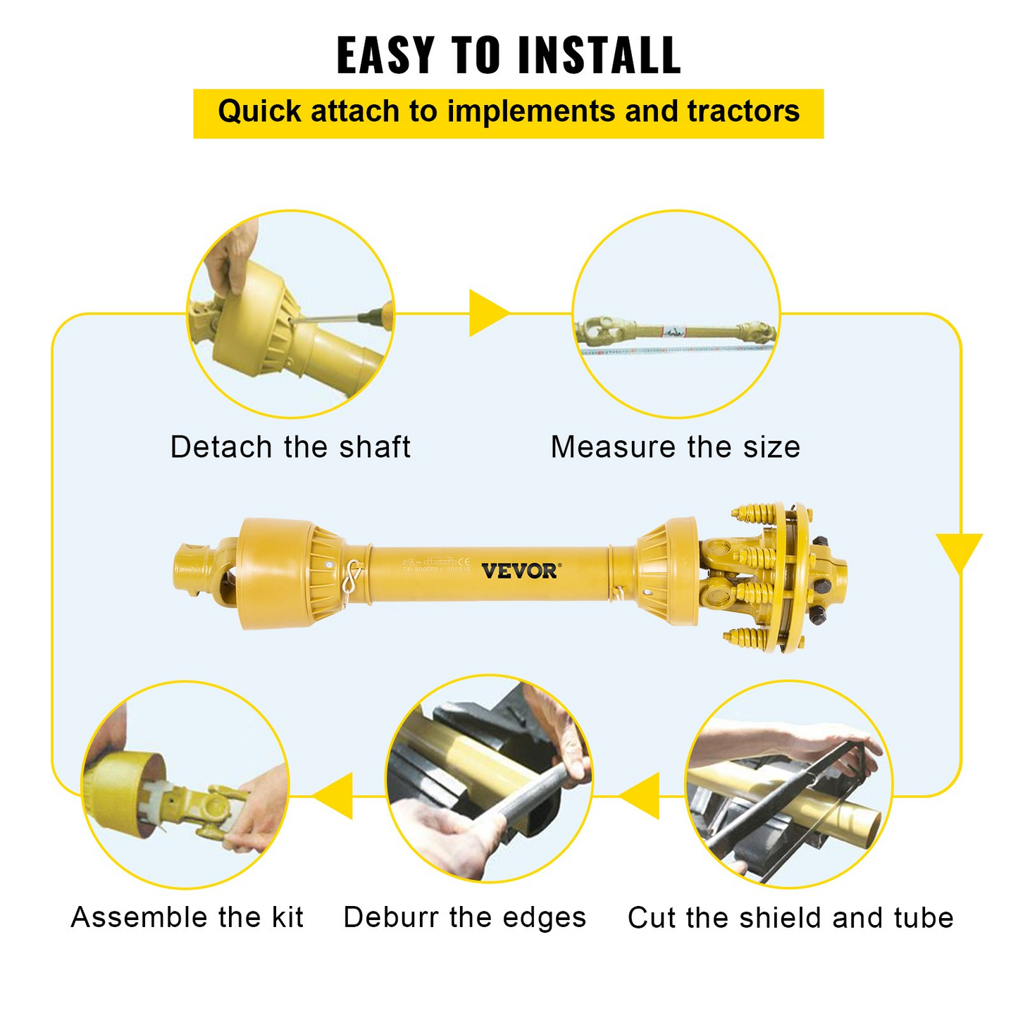VEVOR PTO Shaft, 1-3/8" PTO Drive Shaft, 6 Spline Both Ends PTO Driveline Shaft, Series 4 Tractor PTO Shaft, 31.5"-41" Brush Hog PTO Shaft, Yellow PTO Shaft w/Slip Clutch for Bush Hog/Finish Mower