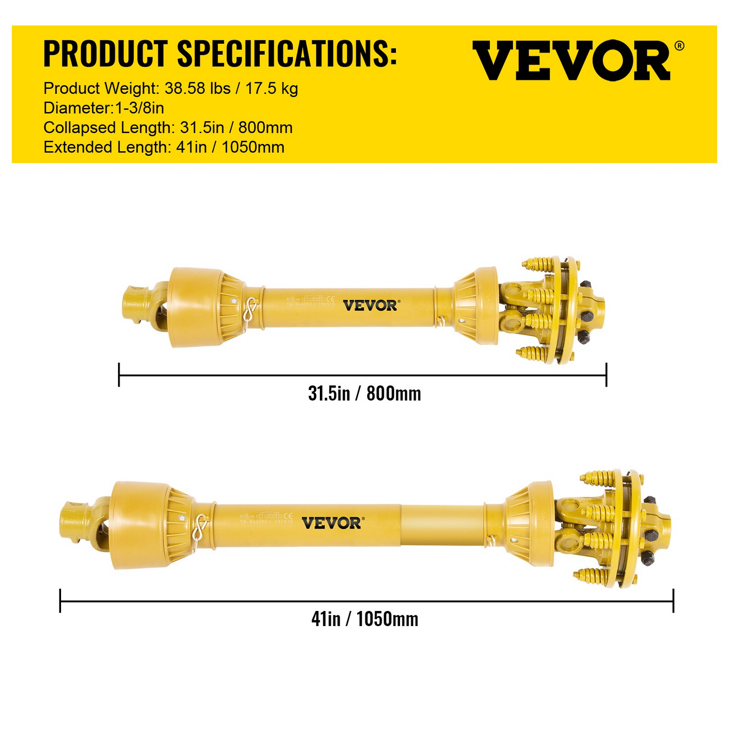 VEVOR PTO Shaft, 1-3/8" PTO Drive Shaft, 6 Spline Both Ends PTO Driveline Shaft, Series 4 Tractor PTO Shaft, 31.5"-41" Brush Hog PTO Shaft, Yellow PTO Shaft w/Slip Clutch for Bush Hog/Finish Mower