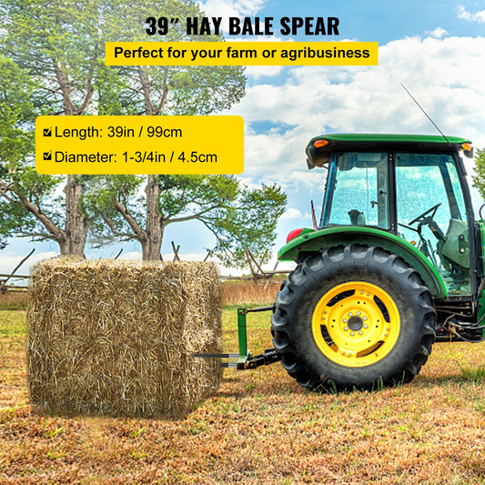 VEVOR Hay Spear 39" Bale Spear 3600 lbs Capacity, Bale Spike Quick Attach Square Hay Bale Spears 1 3/4", Black Coated Bale Forks, Bale Hay Spike with Hex Nut and Sleeve for Buckets Tractors Loaders
