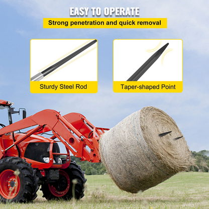 VEVOR Hay Spear 39" Bale Spear 3600 lbs Capacity, Bale Spike Quick Attach Square Hay Bale Spears 1 3/4", Black Coated Bale Forks, Bale Hay Spike with Hex Nut and Sleeve for Buckets Tractors Loaders