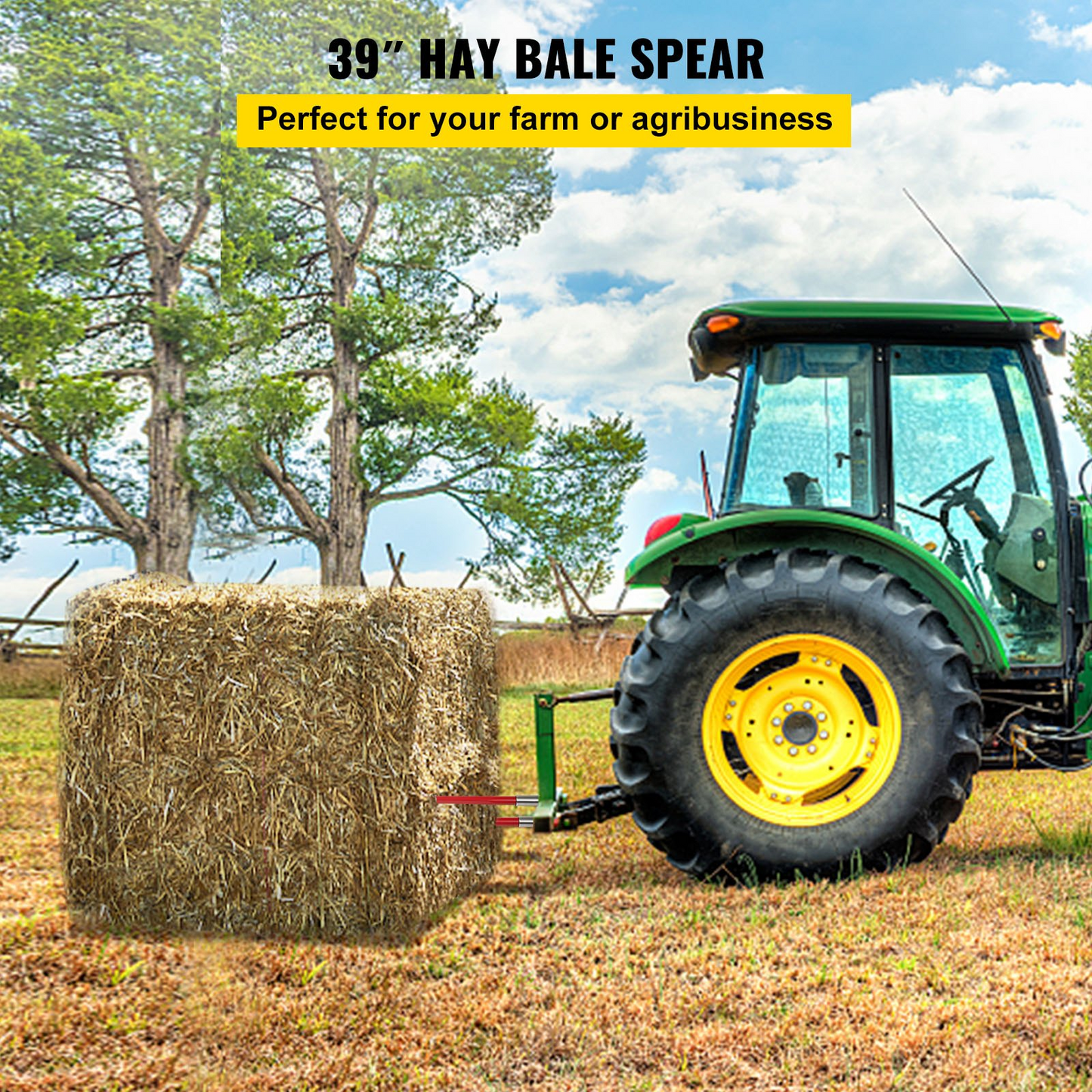 VEVOR Pair Hay Spear 39" Bale Spear 3000 lbs Capacity, Bale Spike Quick Attach Square Hay Bale Spears 1 3/4", Red Coated Bale Forks, Bale Hay Spike with Hex Nut & Sleeve for Buckets Tractors Loaders