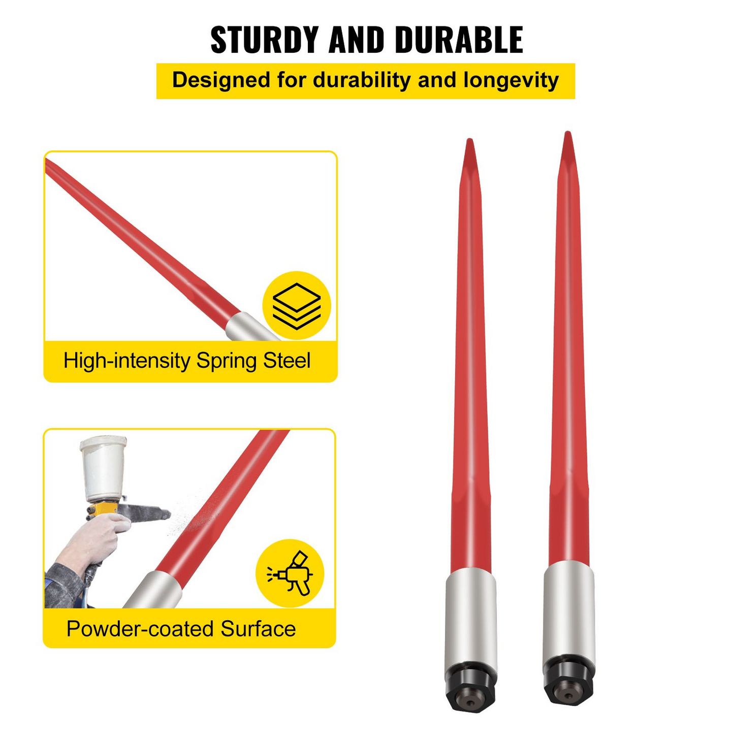 VEVOR Pair Hay Spear 39" Bale Spear 3000 lbs Capacity, Bale Spike Quick Attach Square Hay Bale Spears 1 3/4", Red Coated Bale Forks, Bale Hay Spike with Hex Nut & Sleeve for Buckets Tractors Loaders