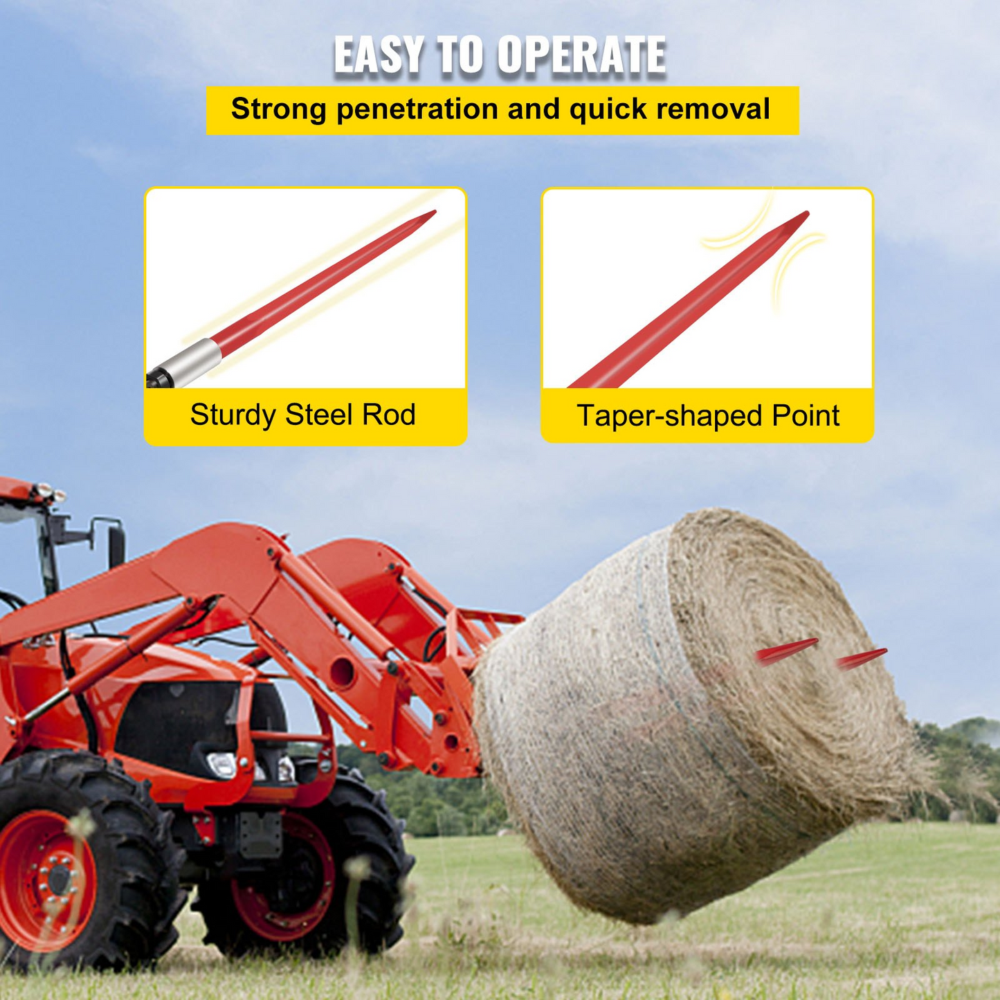 VEVOR Pair Hay Spear 39" Bale Spear 3000 lbs Capacity, Bale Spike Quick Attach Square Hay Bale Spears 1 3/4", Red Coated Bale Forks, Bale Hay Spike with Hex Nut & Sleeve for Buckets Tractors Loaders