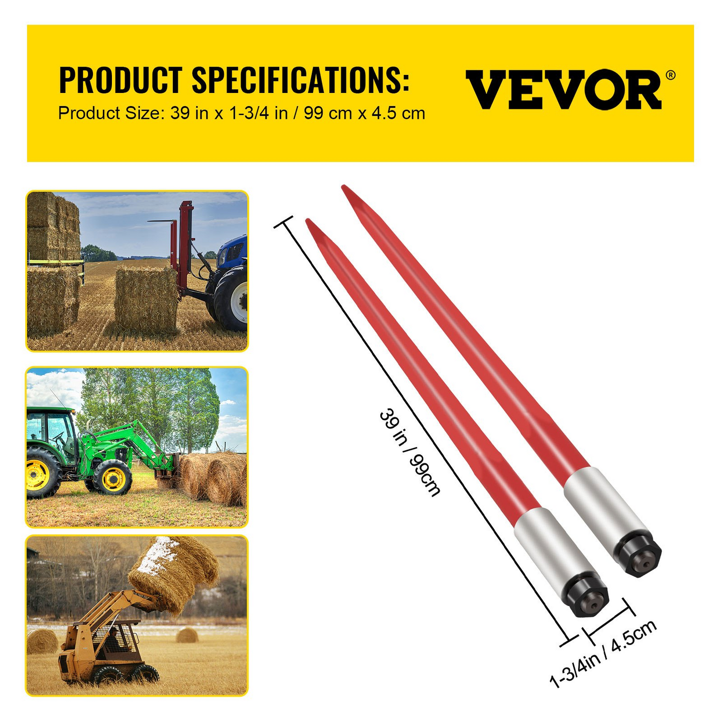 VEVOR Pair Hay Spear 39" Bale Spear 3000 lbs Capacity, Bale Spike Quick Attach Square Hay Bale Spears 1 3/4", Red Coated Bale Forks, Bale Hay Spike with Hex Nut & Sleeve for Buckets Tractors Loaders