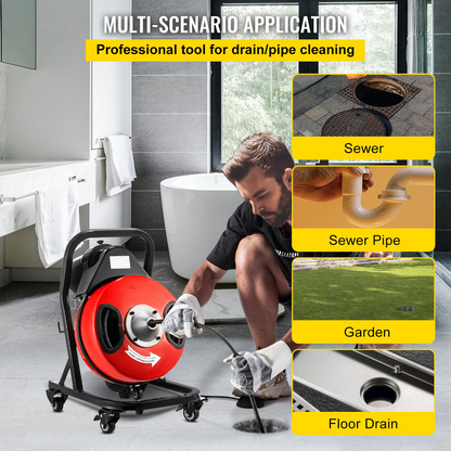 VEVOR Electric Drain Auger 50FTx1/2Inch,250W Drain Cleaner Machine,Sewer Snake Machine,Fit 2''- 4''/51mm-102mm Pipes, w/4 Wheels, Cutters,Foot Switch, for Drain Cleaners Plumbers