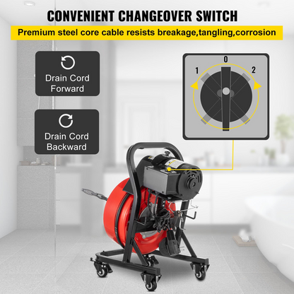 VEVOR Electric Drain Auger 50FTx1/2Inch,250W Drain Cleaner Machine,Sewer Snake Machine,Fit 2''- 4''/51mm-102mm Pipes, w/4 Wheels, Cutters,Foot Switch, for Drain Cleaners Plumbers