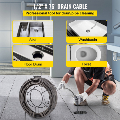 Drain Cable Sewer Cable 75ft 1/2in Drain Cleaning Cable Auger Snake Pipe