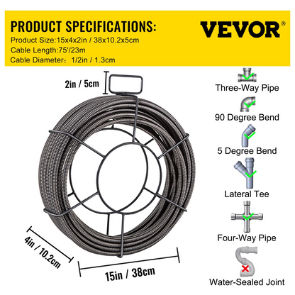 Drain Cable Sewer Cable 75ft 1/2in Drain Cleaning Cable Auger Snake Pipe