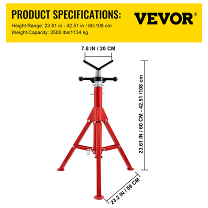 VEVOR V Head Pipe Stand 1/8"-12" Capacity, Adjustable Height 24"-42", Pipe Jack Stands 2500 lb. Load Capacity, Portable Folding Pipe Stands, Carbon Steel Body More Durable