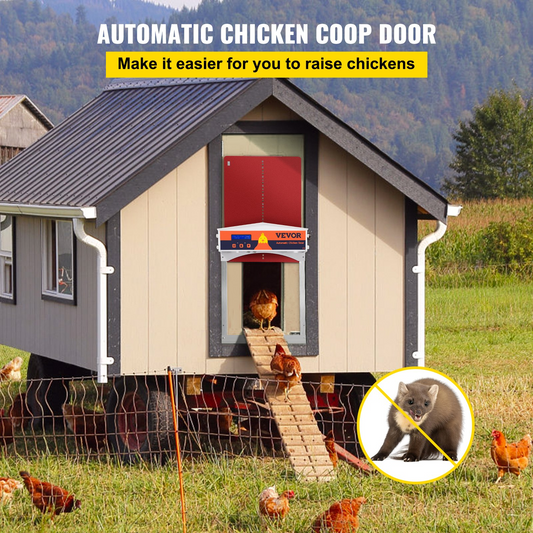 VEVOR Automatic Chicken Coop Door, Auto Open/Close, Gear Lifter Galvanized Poultry Gate with Evening and Morning Delayed Opening Timer & Light Sensor, Battery Powered LCD Screen, for Duck, Red