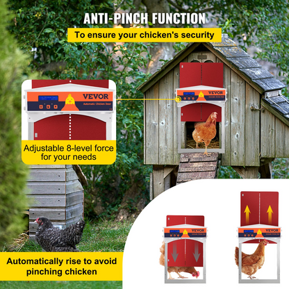 VEVOR Automatic Chicken Coop Door, Auto Open/Close, Gear Lifter Galvanized Poultry Gate with Evening and Morning Delayed Opening Timer & Light Sensor, Battery Powered LCD Screen, for Duck, Red